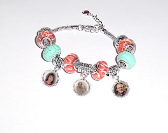 European Style Bracelet with 3-Photo Charms Turquoise Orange Glass Beads Metal Tebetan Beads -  FREE SHIPPING
