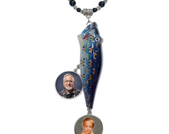 Rearview Mirror Charm Bass Fishing Lure Yellow Orange Blue Black 2 Photo Charms Glass Beads Tibetan Metal - FREE SHIPPING