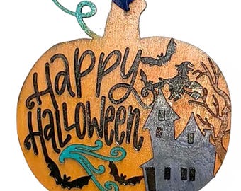 Hand-Painted Halloween Pumpkin Door Sign: Witch & Haunted House - FREE SHIPPING
