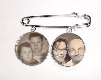 Kilt Pin with 2 Memorial Photo Charms Silver Round - FREE SHIPPING