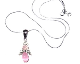 Pastel Pink Angel Necklace Silver Winged Crystal Angel with 18" Chain - FREE SHIPPING