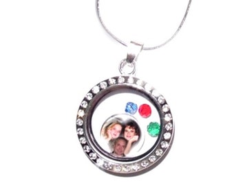 Floating Locket With Photo Floater Memorial Photo and Swarovski Crystals Birthstones Gems 18 Inch Chain Included  - FREE SHIPPING