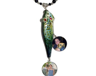 Rearview Mirror Charm Bass Fishing Lure Green Blue Black 2 Photo Charms Purple Glass Beads Wood Beads Tibetan Metal - FREE SHIPPING
