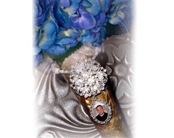 Wedding Bouquet Memorial Photo Timeless Old World Charm Crystal Gems Pearls Silver Tibetan Beads - FREE SHIPPING