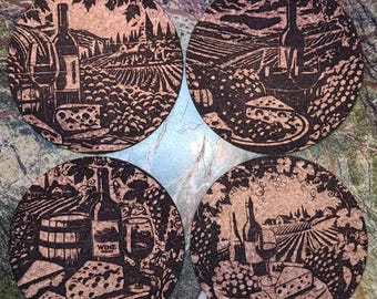 Handmade Cork Coasters Set (Set of 4) - Engraved Tuscany Vineyard & Wine Designs - FREE SHIPPING