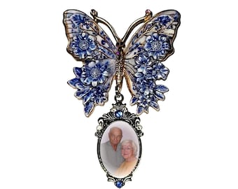 Wedding Memorial Brooch Something Blue, Bridal Photo Pin, Butterfly Keepsake, Blue White Floral, for Bride, MOB, or MOG – Free Shipping