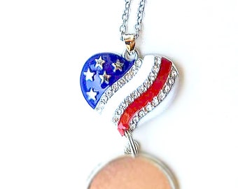 Patriotic Necklace Pendant Heart Red White Blue Clear Crystals Round Photo Charm 16" Chain - FREE SHIPPING