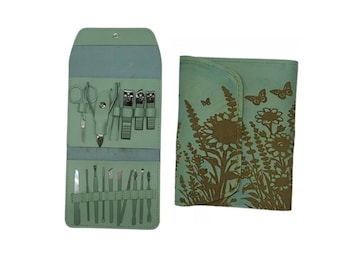 May include: A light green leather case with a floral design and a set of nail clippers and tools inside.