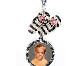 Memorial Wedding Bouquet Photo Charm, Rearview Mirror Photo Charm, Flip Flop Beach Theme, Black White, Crystals, Pearls - FREE SHIPPING