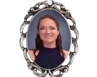 Memorial Photo Brooch Antiqued Silver Oval - Clear Crystals - FREE SHIPPING