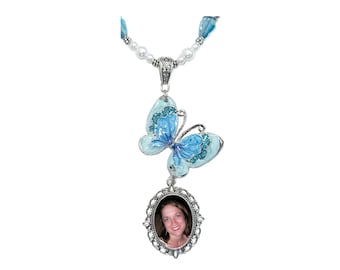 Butterfly Wedding Bouquet / Rearview Mirror Photo Charm: Aqua Crystals, Pearls, Tibetan Beads - FREE SHIPPING