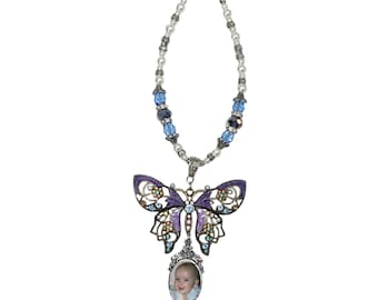 Memorial Photo Bouquet Charm: Rearview Mirror or Wedding Bouquet Charm Filigree Butterfly, Pearls & Crystals - FREE SHIPPING