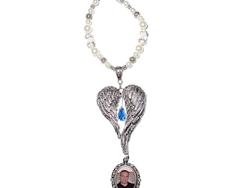 Wedding Bouquet/Rearview Mirror Memorial Photo Charm Silver Angel Wings Translucent Blue Crystal Pearls Tibetan Beads - FREE SHIPPING