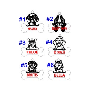 May include: Six dog bone-shaped pet ID tags with black and white silhouette images of different dog breeds. Each tag has a number, a name, and a bone shape.