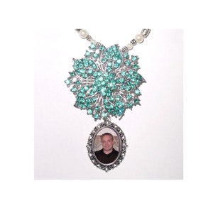 Rearview Mirror Memorial Photo Timeless Charm Aqua Blue Crystal Gems Pearls Silver Tibetan Beads - FREE SHIPPING