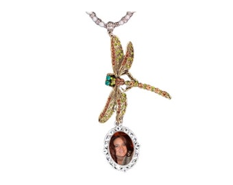 Wedding Bouquet or Rearview Mirror Memorial Photo Charm Dragonfly Amber Forest Green Crystals Pearls metal Beads - FREE SHIPPING
