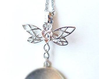 Ash Urn Memorial Photo Pendant Necklace Dragonfly Silver Charm with 17" Chain - FREE SHIPPING