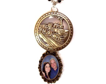 Rearview Mirror Photo Charm Bronze Locomotive Train Black Pearls Purple Volcanic Rock Wooden and Silver Tibetan Beads - FREE SHIPPING
