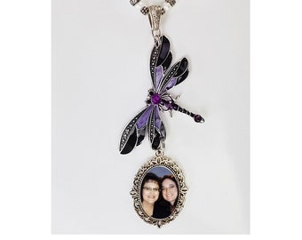 Rearview Mirror Memorial Photo Charm: Purple Dragonfly, Crystal & Pearl Beads - FREE SHIPPING