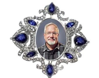 Memorial Photo Brooch: Silver Metal, Midnight Blue Crystals - FREE SHIPPING