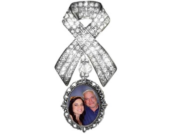 Clear Crystal Ribbon Memorial Brooch with Silver Photo Charm - FREE SHIPPING