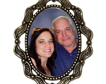Memorial Photo Brooch - Bronze Oval Ribbon Design - FREE SHIPPING