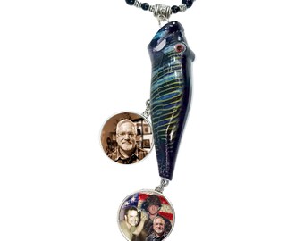 Rearview Mirror Charm Bass Fishing Lure Green Blue Black 2 Photo Charms Glass Beads Tibetan Metal - FREE SHIPPING