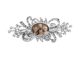 Memorial Photo Brooch - Metal Antiqued Silver - Clear Crystals - FREE SHIPPING
