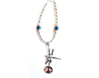 Rearview Mirror Memorial Photo Charm Ash Urn Silver Dragonfly Blue Crystals Pearls Silver Tibetan Beads - Free Shipping