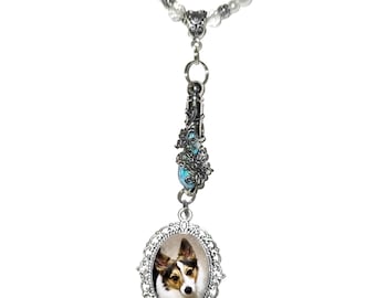Rearview Mirror Photo Urn Charm - Butterflies - Blue Aqua Clear Crystals White Pearls Silver Metal Tibetan Beads - FREE SHIPPING