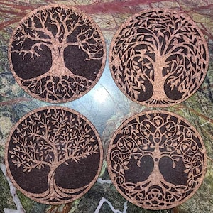Handmade Cork Coasters Set (Set of 4) - Engraved Tree of Life Designs - FREE SHIPPING