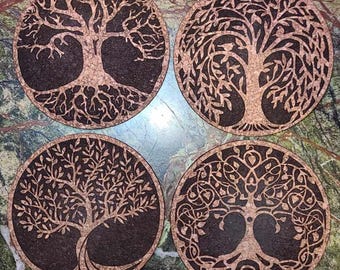 Handmade Cork Coasters Set (Set of 4) - Engraved Tree of Life Designs - FREE SHIPPING
