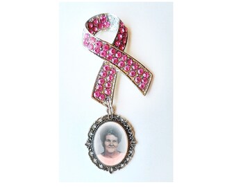 Pink Ribbon Memorial Brooch with Silver Photo Charm Crystals - FREE SHIPPING