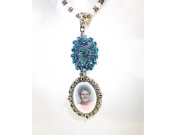 Wedding Bouquet Memorial Photo Charm Baby Blue Aqua Perfection Iridescent Crystals White Pearls Silver Tibetan Beads - Free Shipping