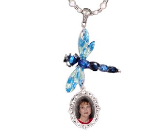 Wedding Bouquet or Rearview Mirror Memorial Photo Soft Green Royal Blue Clear Crystal Dragonfly Charm Pearls Silver Beads - FREE SHIPPING