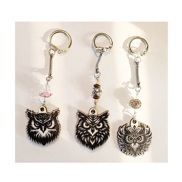 3 Owl Key Chains Ready to Ship Black White Acrylic - FREE SHIPPING