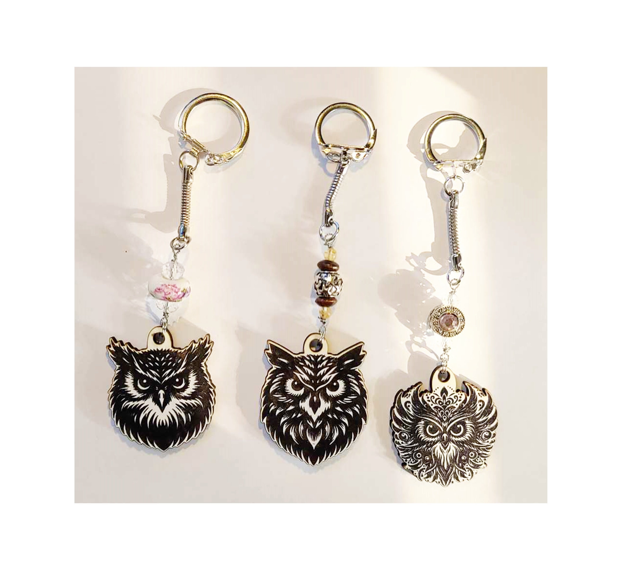 3 Owl Key Chains Ready to Ship Black White Acrylic - FREE SHIPPING