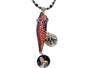 Rearview Mirror Charm Bass Fishing Lure Red Blue Black 2 Photo Charms Glass Beads Tibetan Metal - FREE SHIPPING