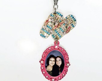 Memorial Wedding Bouquet Photo Charm, Rearview Mirror Photo Charm, Flip Flop Beach Theme, Something Blue Keepsake - FREE SHIPPING