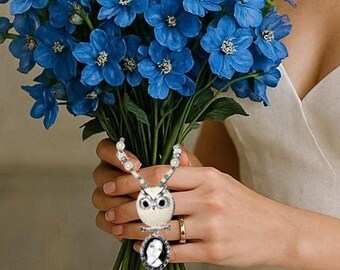 Snow White Owl Wedding Bouquet Memorial Photo Metal Charm Silver Owl White Pearls Crystal Gems Tibetan Beads - FREE SHIPPING
