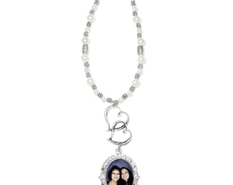 Wedding Bouquet Memorial Photo Charm Silver Double Hearts Pearls Silver Tibetan Beads - FREE SHIPPING