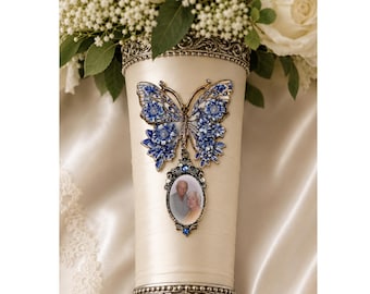 Wedding Memorial Brooch Something Blue, Bridal Photo Pin, Butterfly Keepsake, Blue White Floral, for Bride, MOB, or MOG – Free Shipping