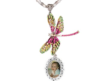 Wedding Bouquet or Rearview Mirror Memorial Photo Charm Dragonfly Pink Yellow Green Iridescent Crystals Pearls Metal Beads - FREE SHIPPING