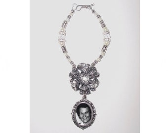 Rearview Mirror Memorial Photo Old World Charm Crystal Gems Pearls Tibetan Beads - FREE SHIPPING