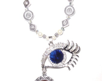 Wedding Bouquet Memorial Photo Charm Don't Cry for Me Sapphire Blue and Clear Crystals Pearls Silver Tibetan Beads - FREE SHIPPING