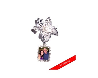 DIY - Bouquet Charm - Wedding Memorial Photo Charm Crystals Pearls Silver  - FREE SHIPPING