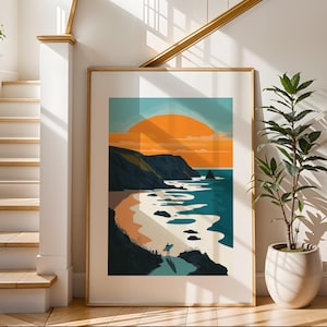Impresión artística de atardecer en la playa / Impresión ilustrativa de viaje / Arte de paisaje de playa / Decoración de pared moderna / Perfecto para sala de estar o dormitorio