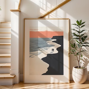 Arte de viaje para parejas con paseo al atardecer / Impresión ilustrativa de viajes / Arte de paisaje de playa / Decoración de pared moderna / Perfecto para sala de estar o dormitorio