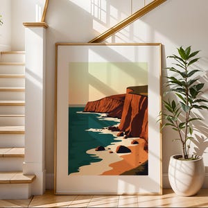 Impresión de arte costero / Impresión ilustrativa de viajes / Arte de paisaje de playa / Decoración de pared moderna / Perfecto para sala de estar o dormitorio