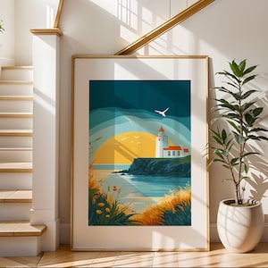 Arte de pared de faro costero / Impresión ilustrativa de viaje / Arte de paisaje de playa / Decoración de pared moderna / Perfecto para sala de estar o dormitorio